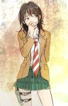  1girl amber_eyes apple black_hair blazer coppelion covering_mouth food fruit green_skirt holster long_hair looking_away naruse_ibara necktie penki plaid plaid_skirt pleated_skirt school_uniform skirt solo striped striped_necktie 