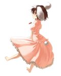  1girl animal_ears barefoot brown_hair bunny_tail carrot dress highres ibuki_notsu inaba_tewi looking_at_viewer rabbit_ears red_eyes short_hair simple_background solo tail touhou white_background 