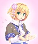  1girl arm_warmers blonde_hair bust flower gomi_(gomitin) gradient gradient_background green_eyes hair_flower hair_ornament looking_at_viewer mizuhashi_parsee open_mouth petals pink_background pointy_ears scarf shirt short_sleeves smile solo touhou 