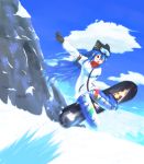  1girl alternate_costume blue_hair clouds food fruit goggles hat highres hinanawi_tenshi long_hair looking_at_viewer mountain open_mouth peach red_eyes sky snow snowboard snowboarding solo tat_rous touhou winter_clothes winter_coat 