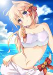  animal_ears bare_shoulders bikini_top blonde_hair blue_sky blush bow braid cat_ears cat_tail clouds collarbone contrapposto day fur_trim hair_bow hair_ornament long_hair looking_at_viewer navel ocean original outdoors popopipi77 shorts single_braid sky smile sun tail violet_eyes 