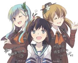  3girls ^_^ ^o^ aqua_eyes aqua_hair black_hair blazer blush breasts brown_hair closed_eyes fubuki_(kantai_collection) green_eyes green_hair hair_ornament hairclip kantai_collection kumano_(kantai_collection) kuuga_(cf) long_hair multiple_girls neckerchief open_mouth personification pleated_skirt ponytail school_uniform serafuku short_hair short_sleeves skirt smile suzuya_(kantai_collection) 