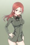  1girl hand_on_hip long_hair military military_uniform minna-dietlinde_wilcke nmaoh no_pants panties red_eyes redhead ribbon smile solo strike_witches underwear uniform 