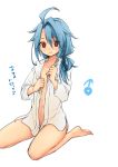  1boy ahoge androgynous barefoot blue_hair bottomless future_card_buddyfight long_hair looking_at_viewer male mars_symbol naked_shirt navel open_clothes open_shirt red_eyes ryuuenji_tasuku simple_background sitting smile solo tobi_(one) translation_request trap white_background 