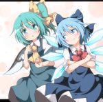  2girls ascot blue_bow blue_eyes blue_hair blush bow cirno crossed_arms daiyousei do_(4-rt) dress fairy_wings green_eyes green_hair hair_bow hair_ribbon highres ice looking_at_viewer multiple_girls open_mouth red_bow ribbon short_hair short_sleeves side_ponytail simple_background smile smirk touhou wings yellow_bow 