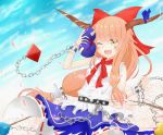  1girl blue_ribbon blush bow brown_eyes chain cherry_blossoms clouds gourd hair_bow holding horn_ribbon horns ibuki_suika immaterial_and_missing_power long_hair oni open_mouth orange_hair petals purple_skirt red_bow red_ribbon ribbon shirt shirua_(s4-42424) skirt sky sleeveless sleeveless_shirt solo touhou white_shirt 