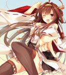  1girl ahoge bare_shoulders boots brown_hair brown_legwear detached_sleeves double_bun hair_ornament hairband headgear japanese_clothes kantai_collection kongou_(kantai_collection) long_hair looking_at_viewer nontraditional_miko one_eye_closed open_mouth outstretched_hand personification pleated_skirt ribbon_trim signature skirt smile solo thigh-highs thigh_boots toosaka_asagi wink zettai_ryouiki 
