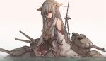  1girl bare_shoulders black_hair blood blood_on_face detached_sleeves hairband haruna_(kantai_collection) japanese_clothes kantai_collection long_hair open_mouth partially_submerged personification solo thigh-highs torn_clothes water xiao_qiang_(overseas) 
