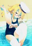  1girl blonde_hair blue_eyes breasts glasses hat i-8_(kantai_collection) kantai_collection long_hair looking_at_viewer personification red_glasses school_swimsuit semi-rimless_glasses sitting so_shina solo swimsuit thigh-highs under-rim_glasses water white_legwear 