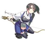  1girl archery arrow black_legwear blush bow_(weapon) brown_eyes brown_hair clog_sandals flight_deck hakama_skirt japanese_clothes kaga_(kantai_collection) kantai_collection kyuudou muneate personification quiver radio_antenna short_hair side_ponytail single_glove skirt solo thigh-highs weapon yugake 