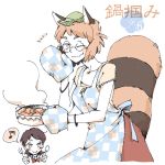 2girls animal_ears apron asasui black_hair brown_eyes brown_hair fork futatsuiwa_mamizou glasses houjuu_nue leaf leaf_on_head multiple_girls musical_note oven_mitts pince-nez raccoon_ears raccoon_tail red_eyes smile spoken_musical_note spoon tail tail_raised tail_through_clothes touhou wink