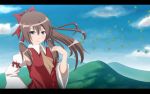  1girl anime_coloring brown_hair hakurei_reimu highres long_hair looking_at_viewer mountain ribbon smile solo tomon_(slash0410) touhou violet_eyes 