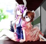  2girls absurdres animal_ears back-to-back barefoot between_breasts blue_sky breasts brown_eyes brown_hair carrot clouds dress dress_shirt expressionless grey_eyes hands_together head_tilt heterochromia highres inaba_tewi jewelry karadborg knees_up lavender_hair long_hair looking_at_viewer multiple_girls necktie necktie_between_breasts off_shoulder open_clothes open_jacket pendant pink_dress pleated_skirt puffy_short_sleeves puffy_sleeves rabbit_ears red_eyes reisen_udongein_inaba shirt short_hair short_sleeves sitting skirt sky smile thigh-highs touhou tree veranda white_legwear 