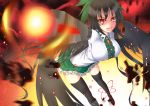  1girl arm_cannon bird_wings black_hair black_legwear black_wings boots bow breasts glowing glowing_weapon gmot hair_bow large_breasts long_hair looking_at_viewer open_mouth red_eyes reiuji_utsuho shirt skirt solo symbol-shaped_pupils thigh-highs thigh_boots third_eye touhou very_long_hair weapon wings zettai_ryouiki 