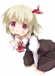  1girl ascot black_dress blonde_hair blush dress drooling hair_ribbon juliet_sleeves kneeling long_sleeves looking_at_viewer open_mouth puffy_sleeves ribbon rumia sala_mander simple_background solo touhou violet_eyes white_background 