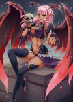  1girl breasts dark_skin demon_girl demon_wings fingernails large_breasts long_fingernails long_hair nam_(valckiry) navel original pink_hair pointy_ears red_eyes sitting_on_rock skull toeless_socks wings 