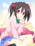  1girl black_hair blush bow hair_bow heart heart_pillow korie_riko looking_at_viewer love_live!_school_idol_project pillow red_eyes short_hair smile socks solo star twintails yazawa_nico 