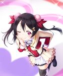  1girl black_hair blush boots bow hair_bow hand_on_hip looking_at_viewer love_live!_school_idol_project open_mouth red_eyes satou_kuuki short_hair smile twintails yazawa_nico 