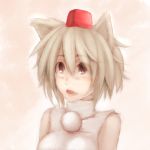  1girl animal_ears bare_shoulders brown_eyes detached_sleeves hat inubashiri_momiji looking_up open_mouth pom_pom_(clothes) short_hair silver_hair simple_background solo tokin_hat touhou traditional_media unier wolf_ears 