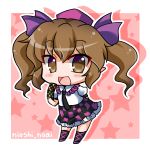  1girl brown_eyes brown_hair cellphone checkered checkered_skirt chibi hair_ribbon hat himekaidou_hatate looking_at_viewer necktie noai_nioshi open_mouth phone pink_background pointy_ears puffy_sleeves ribbon shirt short_sleeves skirt smile solo star tokin_hat touhou twintails 