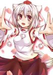  1girl animal_ears armpits bare_shoulders blush breasts detached_sleeves happy hat highres inubashiri_momiji looking_at_viewer open_mouth pom_pom_(clothes) red_eyes short_hair silver_hair simple_background skirt smile solo tail tokin_hat touhou white_background wolf_ears wolf_tail 