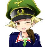  blonde_hair blush brown_eyes close-up erwin face girls_und_panzer gloves goggles goggles_on_hat hat jacket long_sleeves looking_at_viewer lowres military military_uniform open_mouth peaked_cap sae_(saearito03) short_hair smile uniform white_background wink 