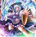  1girl blue_eyes boots claws dragon frilled_skirt frills hat horns japanese_clothes kariginu long_hair looking_at_viewer mononobe_no_futo open_mouth petals ponytail ribbon satoji_(ochanomkmskry) shoes silver_hair skirt solo tate_eboshi touhou whiskers 