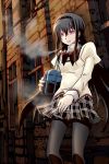  1girl akemi_homura black_hair brick_wall cigarette forestss hairband highres long_hair mahou_shoujo_madoka_magica school_uniform skirt smoking solo violet_eyes 