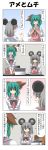  /\/\/\ 4koma alternate_costume animal_ears apron blush bow cash_register closed_eyes comic commentary counting flat_gaze flying_sweatdrops gradient gradient_background green_eyes green_hair grey_hair highres kasodani_kyouko mouse_ears nazrin o_o open_mouth rappa_(rappaya) red_eyes simple_background smile sweatdrop touhou translated 