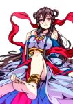  1girl anklet bare_shoulders black_hair blush breasts feet grin hair_rings hong_(white_spider) izanami_(p&amp;d) jewelry long_hair puzzle_&amp;_dragons shawl smile solo very_long_hair violet_eyes 