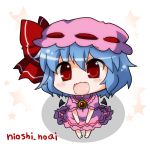  1girl :3 bat_wings blue_hair blush bow brooch chibi dress fangs hat hat_bow jewelry looking_at_viewer mob_cap noai_nioshi open_mouth pink_dress puffy_sleeves red_eyes remilia_scarlet short_sleeves sitting smile solo star touhou wings 