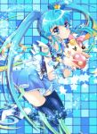  1girl 2-nd black_legwear blue blue_eyes blue_hair blue_skirt brooch creature crown cure_princess frills grin happinesscharge_precure! highres jewelry light_particles long_hair magical_girl mini_crown necktie payot precure ribbon_(happinesscharge_precure!) shirayuki_hime shoes skirt smile star thigh-highs twintails 