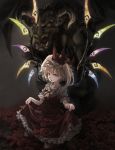  1girl absurdres ass blonde_hair darkness demon dress flandre_scarlet flower glowing glowing_wings hat hat_ribbon highres looking_at_viewer mephist-pheles mob_cap open_mouth puffy_sleeves red_dress red_eyes red_rose ribbon rose shirt short_sleeves side_ponytail skirt_basket touhou wings 