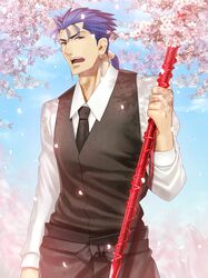  1boy blue_hair cherry_blossoms earrings fate/hollow_ataraxia fate_(series) gae_bolg jewelry lancer long_hair mitsuki_mitsuno petals polearm ponytail red_eyes solo spear waistcoat waiter weapon 