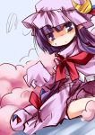  1girl :&lt; capelet crescent hat hemogurobin_a1c patchouli_knowledge purple_hair sitting solo squiggle touhou violet_eyes wariza 
