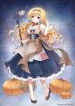  1girl apron bare_legs blonde_hair blue_eyes blush bow breasts broom choker cinderella cleavage diffusion_million_arthur dress hair_bow hairband large_breasts long_hair looking_at_viewer mauve mouse original puffy_sleeves pumpkin short_sleeves solo 