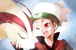  1boy black_hair closed_eyes fingerless_gloves gloves hat irodori_(irotoridori) looking_at_another milotic open_mouth pokemon pokemon_special popped_collar red_eyes ruby_(pokemon) scar smile wink 