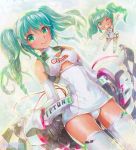  2girls artist_name chibi covered_navel elbow_gloves gloves green_eyes green_hair grin hatsune_miku mayo_riyo multiple_girls racequeen smile thigh-highs traditional_media twintails vocaloid wink 