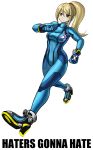  1girl blonde_hair blue_eyes bodysuit breasts highres long_hair meme metroid ponytail samus_aran skin_tight solo strut super_smash_bros. veloxiraptor walking zero_suit 