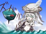  1girl :&lt; aqua_eyes blush clouds hat kantai_collection long_hair o_o open_mouth pale_skin personification silver_hair smoke solo torpedo weapon wo-class_aircraft_carrier 