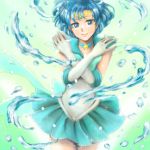  1girl aqua_skirt bishoujo_senshi_sailor_moon blue_eyes blue_hair choker circlet crossed_arms elbow_gloves girl gloves light_smile mini2copse sailor_mercury short_hair solo sparkle super_sailor_mercury water white_gloves 