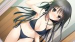  16:9_aspect_ratio 1girl arms_up bare_shoulders bikini black_eyes black_hair blush breasts embarrassed female game_cg hitsuji_takako kiss_ato_kiss_will_change_my_relation_with_you kissart large_breasts legs long_hair looking_at_viewer natsume_azusa navel solo standing swimsuit thighs thong 