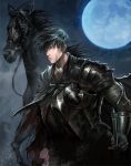  1boy armor black_hair brown_eyes cape horse long_hair moon night original scar scar_on_cheek sindy sword weapon 