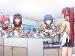  1boy 6+girls akemi_homura apron black_eyes black_hair blonde_hair blue_eyes blue_hair blush bow brown_hair cooking frying_pan green_hair hair_bow hair_ribbon hairband kamijou_kyousuke kaname_madoka kanzaki_hitomi knife ladle mahou_shoujo_madoka_magica miki_sayaka multiple_girls peeling pink_eyes pink_hair ponytail pot potato purple_hair red_eyes redhead ribbon sakura_kyouko school_uniform short_hair short_twintails sink stove twintails yellow_eyes 