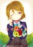  1girl black_legwear blush bouquet brown_hair flower koizumi_hanayo looking_at_viewer love_live!_school_idol_project minamura_haruki pantyhose rough school_uniform short_hair smile solo tears violet_eyes wink 