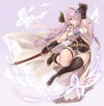  1girl arm_up armpits bare_shoulders black_gloves black_panties blue_eyes blush braid breasts commentary_request demon_horns elbow_gloves fingerless_gloves gloves granblue_fantasy hair_ornament hair_over_one_eye horns katana large_breasts lavender_hair long_hair looking_at_viewer narumeia_(granblue_fantasy) panties pointy_ears single_thighhigh smile solo sword thigh-highs thomasz underwear weapon 