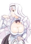  1girl alternate_costume apron bowtie breasts cleavage cleavage_cutout enmaided finger_to_face frills idolmaster large_breasts lips long_hair maid maid_headdress parted_lips rough shijou_takane silver_hair solo tray ueyama_michirou violet_eyes 
