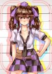  1girl abo_(hechouchou) blush brown_eyes brown_hair checkered hands_on_hips hat himekaidou_hatate long_hair necktie open_clothes open_shirt skirt solo tokin_hat touhou twintails 