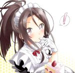  ! 1girl alternate_costume apron black_wings brown_eyes brown_hair cake dish enmaided flat_chest food fruit gloves high_ponytail kantai_collection light_brown_hair long_hair maid maid_headdress natsupa personification ponytail short_sleeves solo strawberry sweatdrop waist_apron waitress white_gloves wings zuihou_(kantai_collection) 