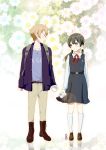  1boy 1girl backpack bag black_hair blue_eyes brown_hair couple floral_background flower kitashirakawa_tamako long_hair machinosuke ooji_mochizou phone school_uniform short_hair string_phone tamako_love_story 